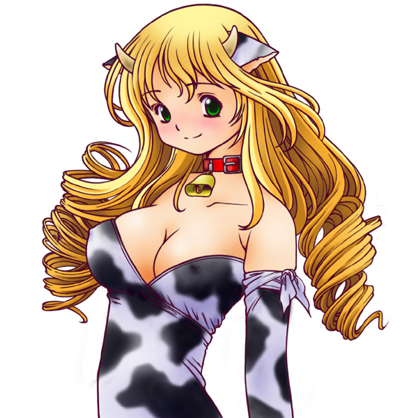 1girl, animal_ears, bell, breasts, cleavage, cow_bell, cow_ears, cow_girl