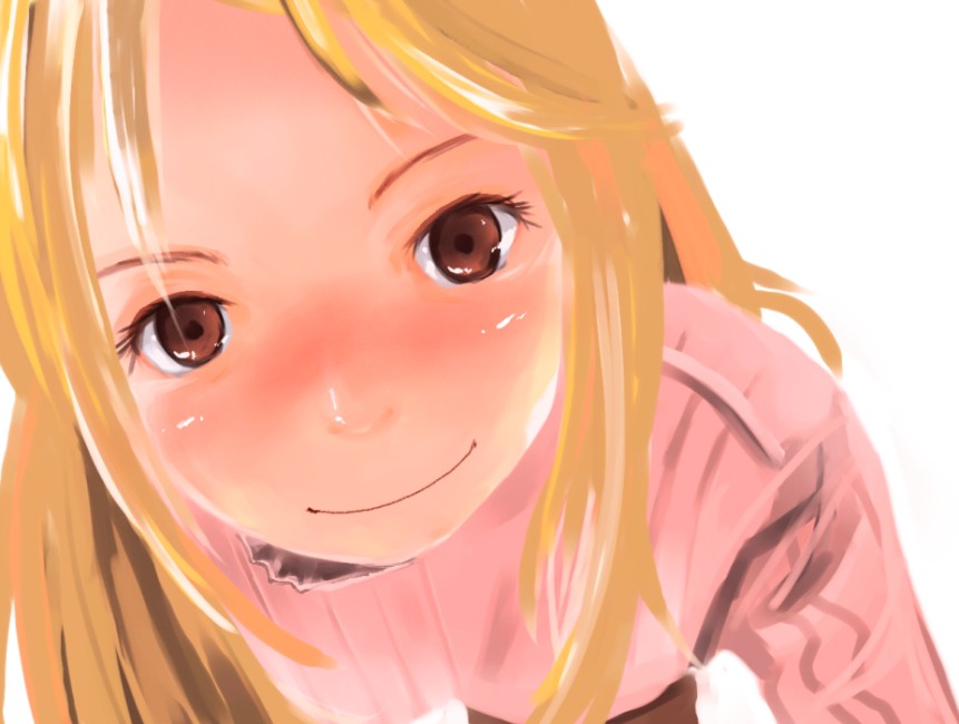 1girl, blonde_hair, brown_eyes, smile, solo, ueda_sanagi
