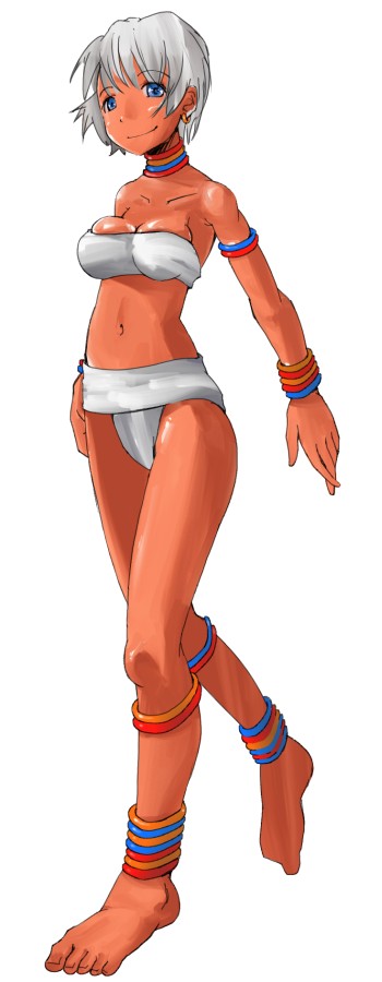 1girl, bangle, blue_eyes, bracelet, capcom, dark_skin, elena, elena_(street_fighter)