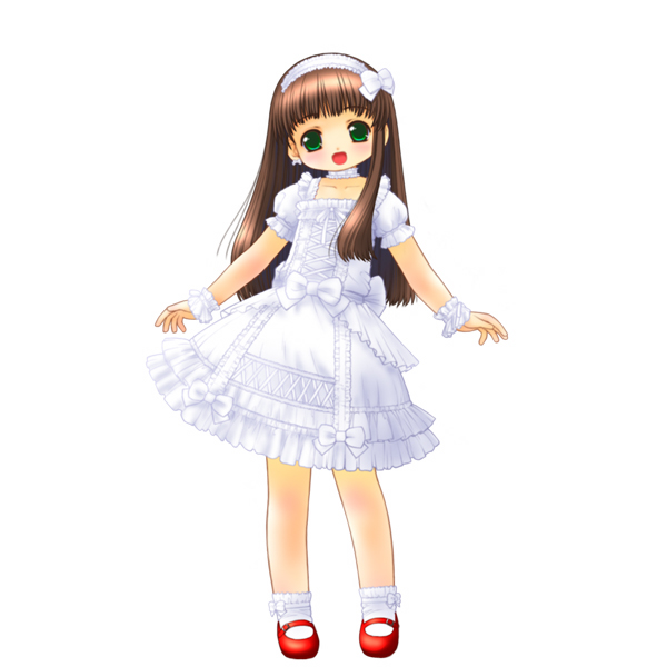 1girl, brown_hair, choker, dress, footwear, green_eyes, hairband, kusunoki_masashige