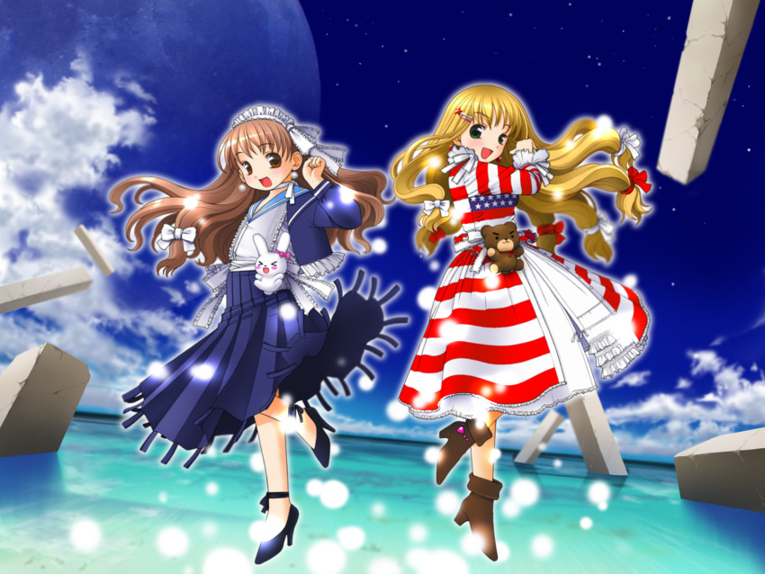 2girls, american_flag, boots, doll, dress, flag_dress, flag_print, high_heels