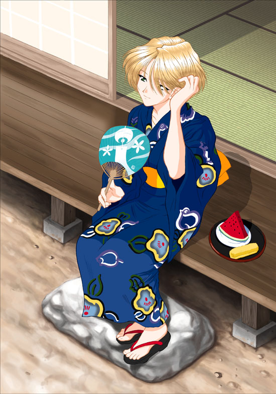 1girl, adjusting_hair, blonde_hair, fan, feet, food, from_above, fruit