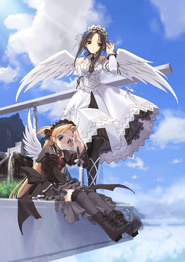 2girls, angel_wings, black_dress, black_hair, blonde_hair, blue_eyes, boots, bow