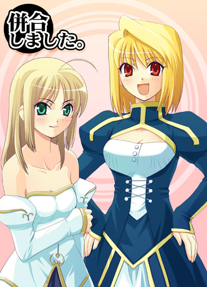 2girls, arcueid_brunestud, arcueid_brunestud_(cosplay), bare_shoulders, cosplay, costume_switch, crossover, fate/stay_night
