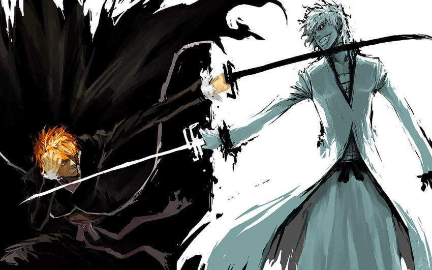 1boy, 2boys, angry, bandage, bankai, black_scelra, black_sclera, bleach