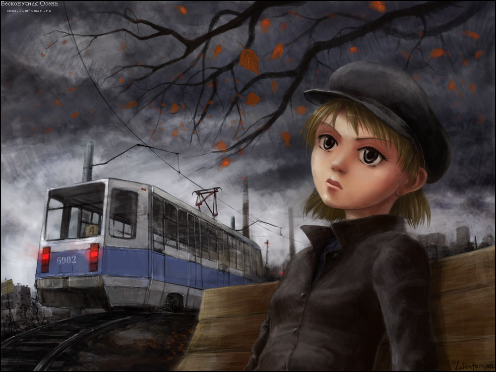 1girl, autumn, bench, blonde_hair, city, grey_eyes, ground_vehicle, hat