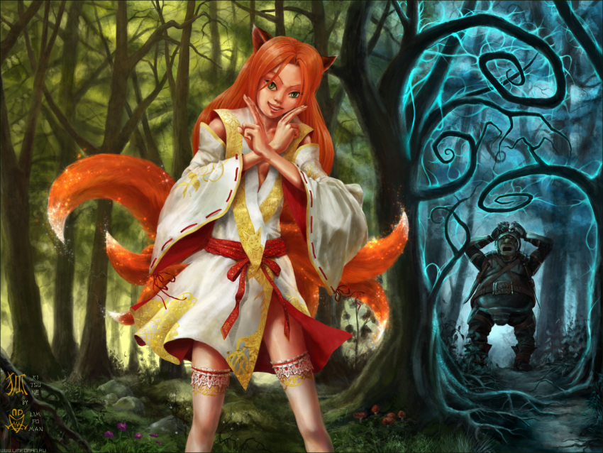 1boy, 1girl, animal_ears, forest, fox, fox_ears, fox_tail, green_eyes
