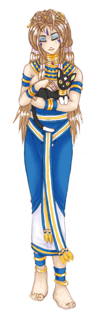 1girl, aa_megami-sama, alternate_hairstyle, animal, anklet, antenna_hair, artistmeli, barefoot, belldandy, blue, bracelet, cat, closed_eyes, egyptian, eyeshadow, facial_mark, forehead_mark, full_body, graphite_(medium), holding, jewelry, long_hair, long_image, makeup, necklace, solo, tall_image, toe_ring, toes, traditional_media, velsper, walking, white_background