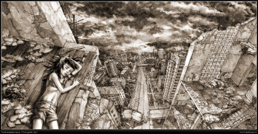 1girl, artist_name, city, dated, highres, limfoman, lying, monochrome