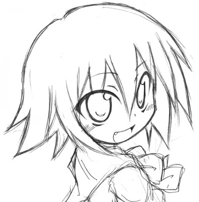 fang, kusakabe_misao, lowres, lucky_star, monochrome, school_uniform, serafuku, short_hair