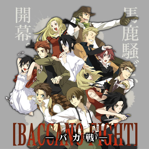 5girls, 6+boys, :d, armpits, arms_up, baccano!, bare_shoulders, black_dress