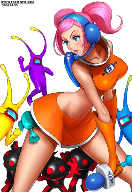 1girl, backpack, bag, blue_eyes, crop_top, elbow_gloves, female, gloves