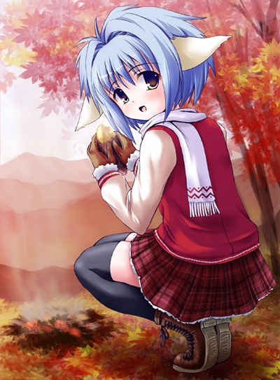 00s, 1girl, autumn, autumn_leaves, black_legwear, blue_hair, boots, broccoli_(company)