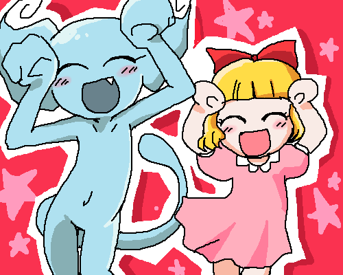 1girl, 1other, alien, ape_(company), blonde_hair, blush, caramelldansen, child