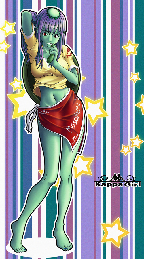 1girl, barefoot, breasts, contrapposto, cucumber, gammatelier, green_skin, hand_in_hair
