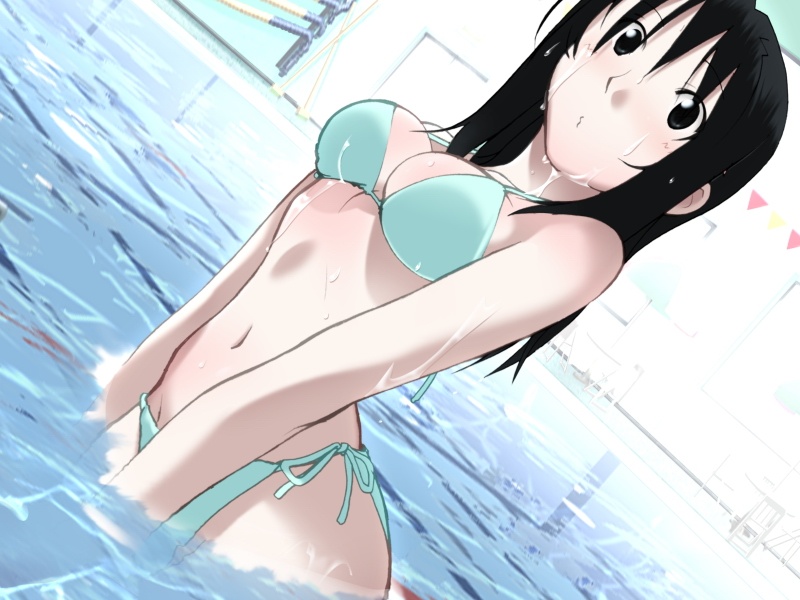 1girl, aqua_bikini, bikini, black_eyes, black_hair, blush, body_blush, breasts, chair, dutch_angle, game_cg, indoors, jinguuji_rio, looking_at_viewer, o3o, pool, senpai_ga_fiancee!?, shinohara_yuuno, side-tie_bikini, solo, surprised, swimsuit, table, triangle, water, wet