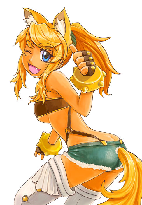 1girl, animal_ears, ass, blonde_hair, blue_eyes, bracelet, butt_crack, dark_skin