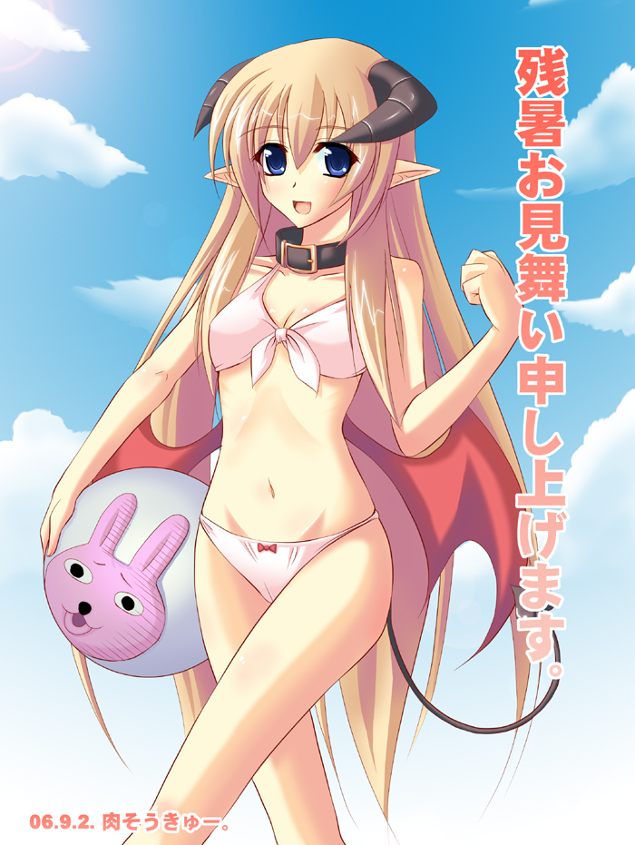 1girl, ball, beachball, bikini, blonde_hair, blue_eyes, clouds, collar, demon_girl, horns, long_hair, niku_soukyuu, pointy_ears, ragnarok_online, solo, succubus_(ragnarok_online), swimsuit