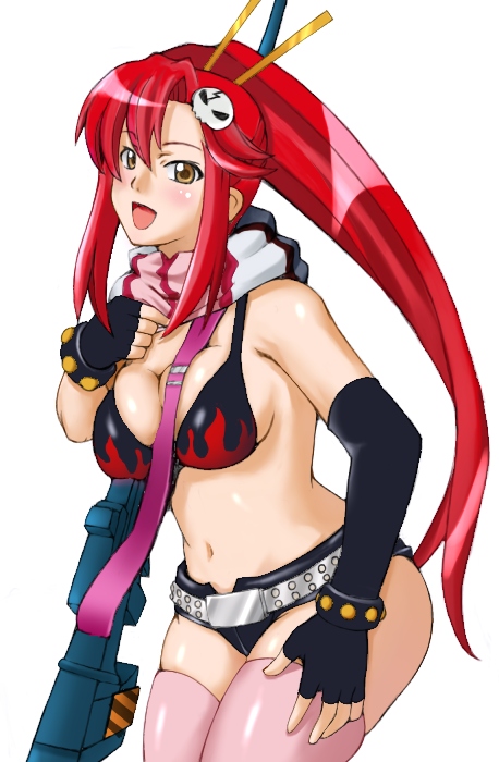 1girl, anti-materiel_rifle, belt, bikini_top, bra, breasts, cleavage, gloves, gun, kansuke, large_breasts, lingerie, metadora, ponytail, redhead, rifle, scarf, shorts, sniper_rifle, solo, tengen_toppa_gurren_lagann, thigh-highs, underwear, weapon, yellow_eyes, yoko_littner