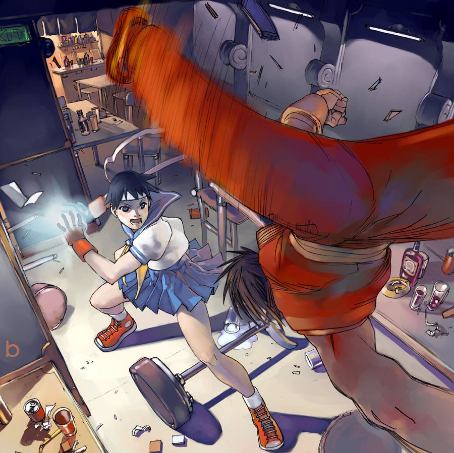 1boy, 1girl, battle, bengal, capcom, fighting, final_fight, foreshortening