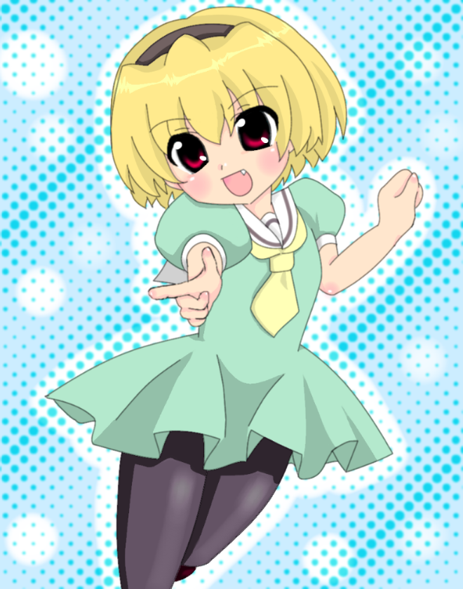 amemori_keron, blonde_hair, dress, hairband, higurashi_no_naku_koro_ni, houjou_satoko, pantyhose, red_eyes, short_hair
