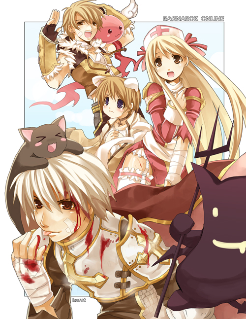 >_<, 2boys, 2girls, acolyte, angeling, animal, animal_on_head, armor, bandage, blonde_hair, blood, blood_on_face, blue_eyes, brown_eyes, cat, cat_on_head, closed_eyes, deviruchi, drooping_cat, garter_belt, garters, hair_ribbon, hat, high_priest, hunter, knight, knight_(ragnarok_online), kurot, lord_knight, multiple_boys, multiple_girls, nurse_cap, open_mouth, pitchfork, poring, priest, ragnarok_online, ribbon, sniper_(ragnarok_online), tears, thigh-highs, tongue, white_hair