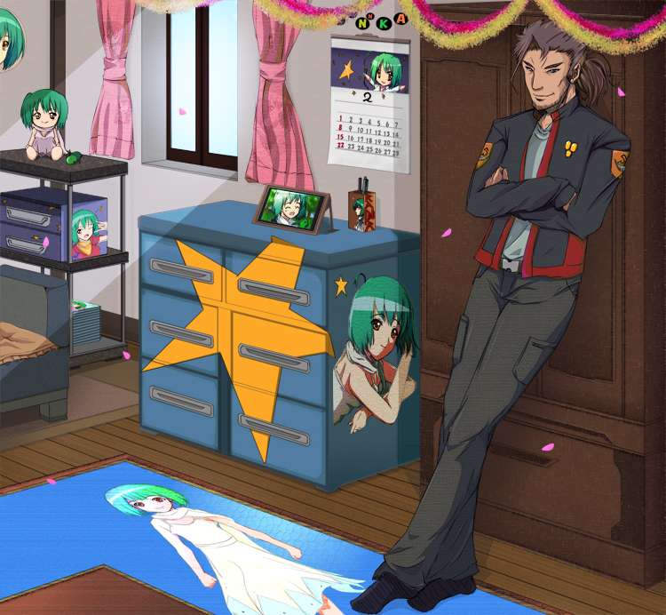 crossed_arms, green_hair, jacket, leaning, macross, macross_frontier, manly, military