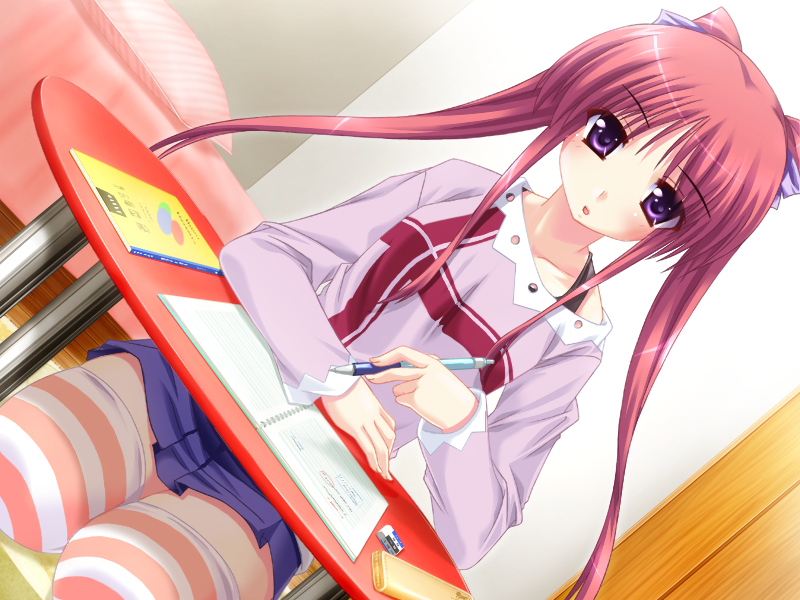 1girl, blush, desk, dutch_angle, game_cg, long_hair, redhead, ribbon