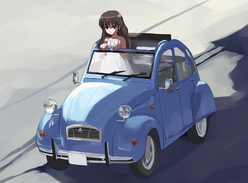 1girl, black_hair, car, citroen, citroen_2cv, dress, ground_vehicle, long_hair