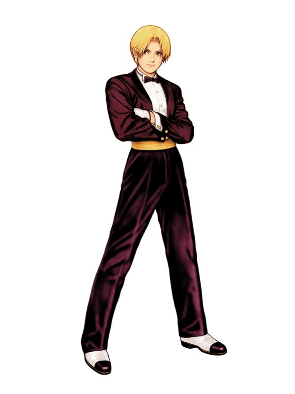 1girl, blonde_hair, bow, bowtie, closed_mouth, earrings, female, formal, full_body, jewelry, king_(snk), king_of_fighters, king_of_fighters_2000, long_sleeves, mori_toshiaki, official_art, pant_suit, pants, parted_bangs, pose, ryuuko_no_ken, shoes, short_hair, simple_background, snk, solo, standing, suit, the_king_of_fighters, the_king_of_fighters_2000, tuxedo, white_background