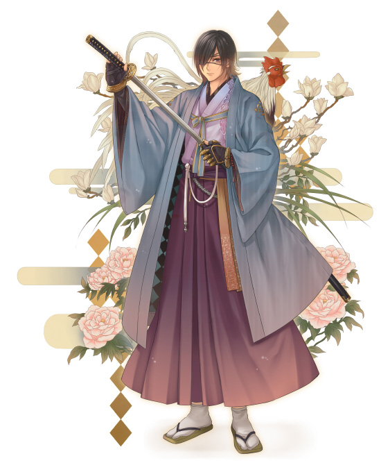 1boy, bird, chicken, egasumi, eyepatch, flower, hakama, haori