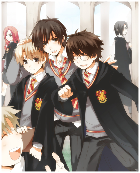 1girl, 5boys, blazer, friends, glasses, harry_potter, james_potter, kurot