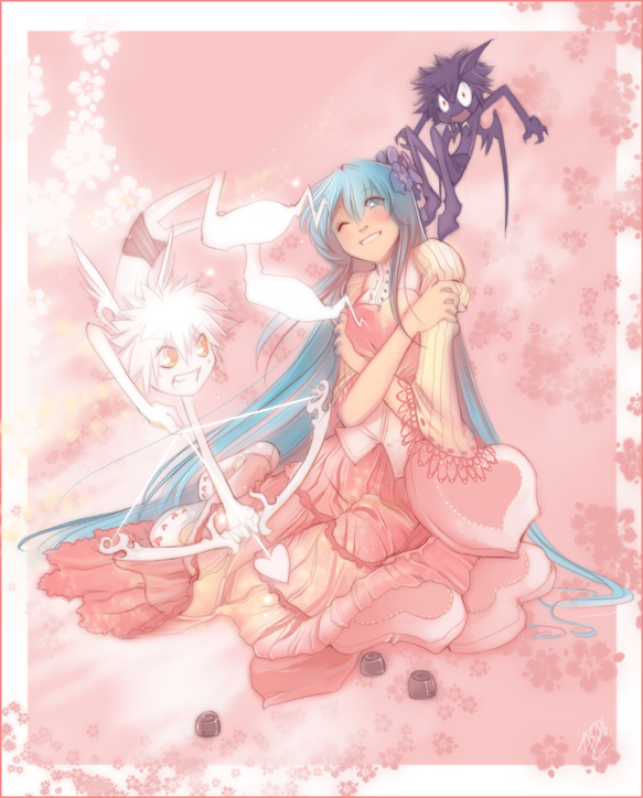 1girl, 2boys, angel_and_devil, arrow, blue_hair, bow_(weapon), dress, happy, long_hair, multiple_boys, one_eye_closed, pink, pink_background, shirotsuki, smile, very_long_hair, weapon, wink