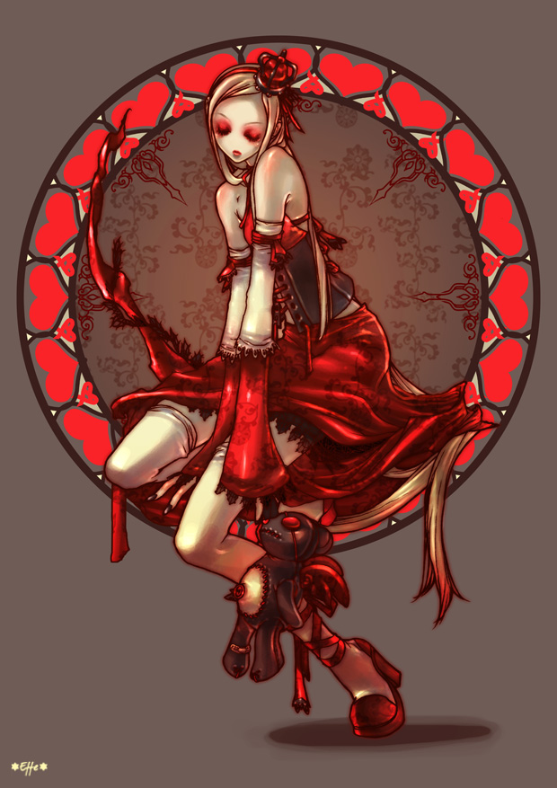 0effe0, 1girl, artist_name, bare_shoulders, blonde_hair, closed_eyes, corset, crown, detached_sleeves, doll, hair_ornament, hat, long_hair, long_sleeves, red_shoes, red_skirt, sad, shadow, shoes, sitting, skirt, solo, stuffed_animal, stuffed_toy, thigh-highs, very_long_hair, white_legwear, wide_sleeves