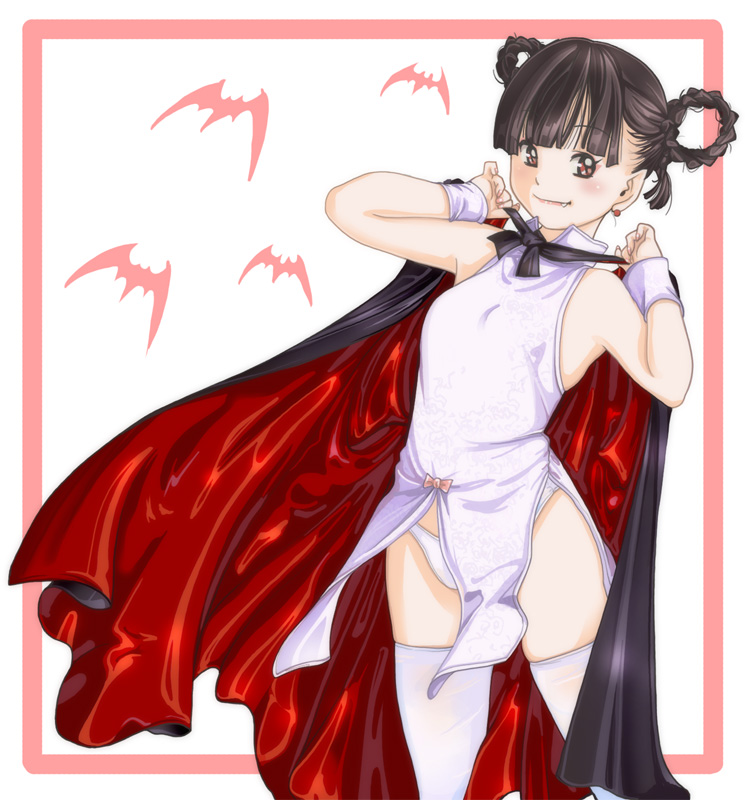 1girl, cape, fang, fangs, hair_rings, original, panties, solo
