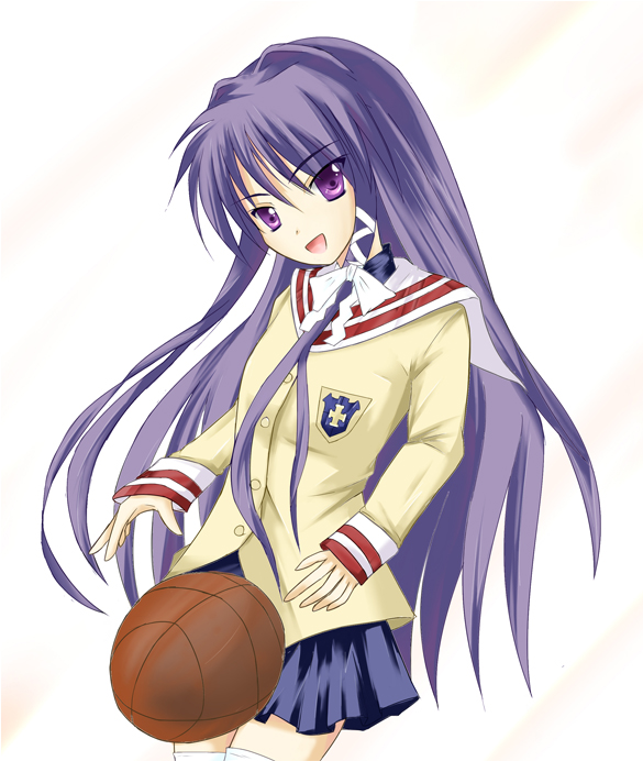1girl, ball, bare_legs, basketball, clannad, emblem, football, fujibayashi_kyou