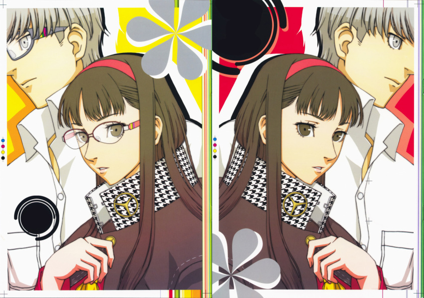 black_hair, brown_eyes, couple, cover, cover_page, doujinshi, glasses, grey_eyes, grey_hair, hairband, highres, jacket, long_hair, narukami_yuu, official_art, persona, persona_4, saiki_keita, scan, school_uniform, seta_souji, shirt, short_hair, symmetry
