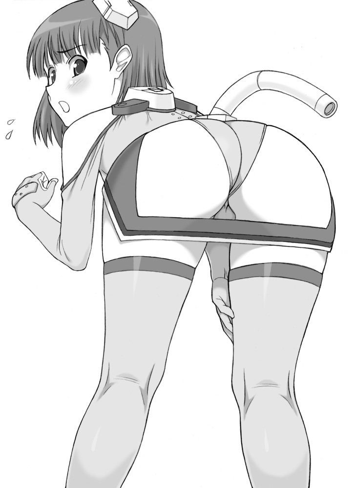 1girl, :o, ass, bare_shoulders, bent_over, blush, clenched_hand, elbow_gloves