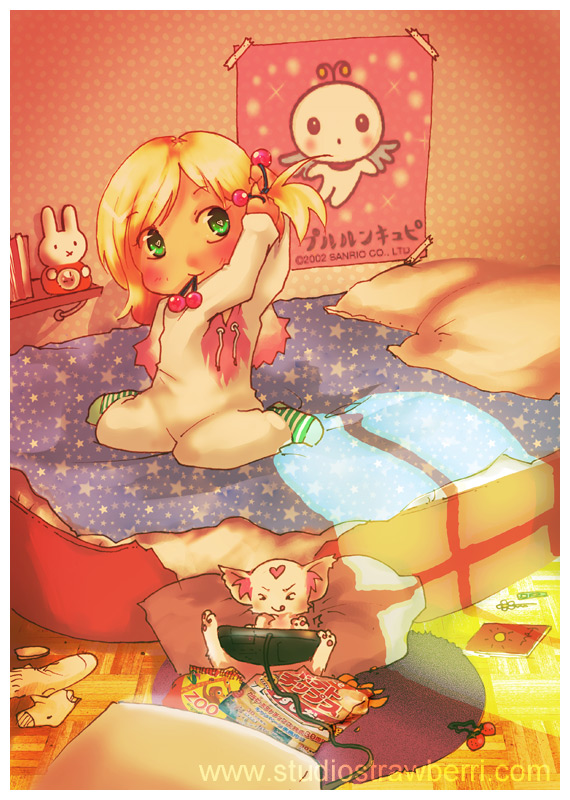 1girl, :q, adjusting_hair, bed, blonde_hair, child, diana_jakobsson, footwear