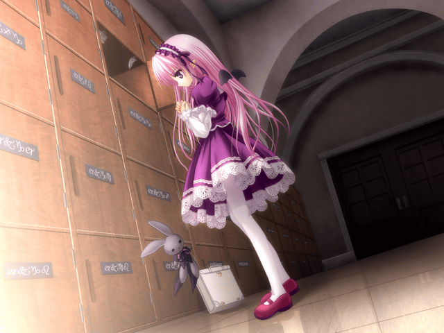 1girl, bag, dress, dutch_angle, game_cg, gothic_lolita, hairband, hands_clasped
