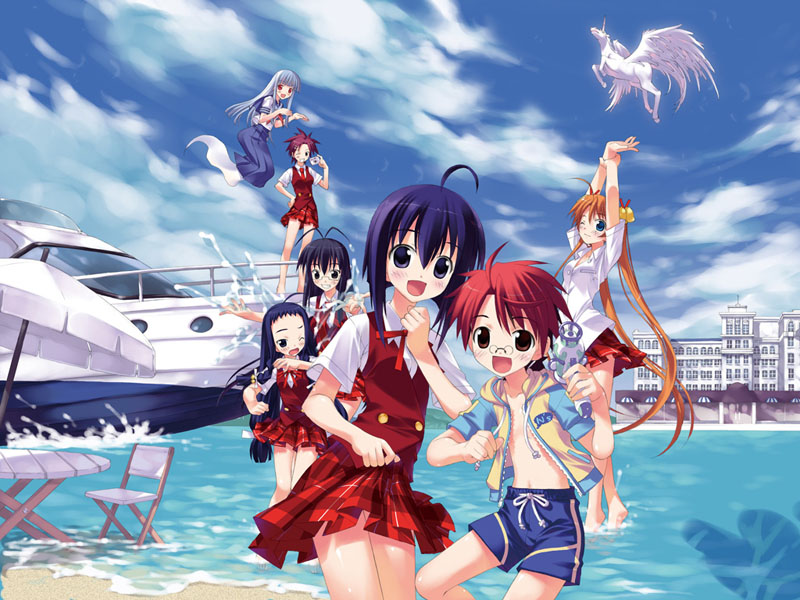 1boy, 6+girls, aisaka_sayo, asakura_kazumi, ayase_yue, barefoot, beach, bell