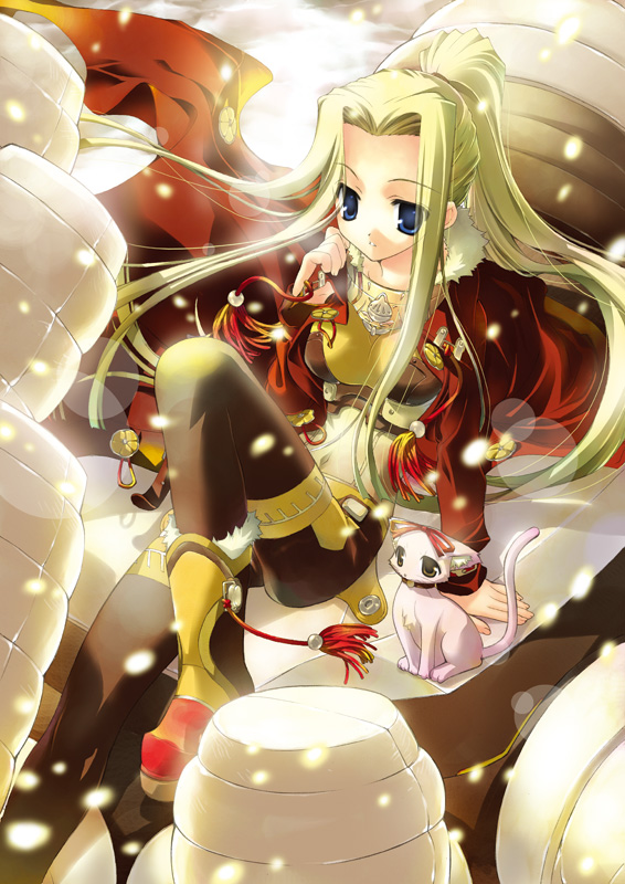 1girl, blonde_hair, cape, cat, fujima_takuya, long_hair, neppu_kairiku_bushilord, neppuu_kairiku_bushiroad, neppuu_kairiku_bushiroad_the_rising, snow, snowing, solo