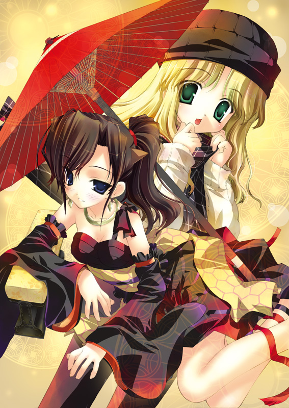 blonde_hair, brown_hair, collar, fujima_takuya, long_hair, neppu_kairiku_bushilord, neppuu_kairiku_bushiroad, neppuu_kairiku_bushiroad_the_rising, oriental_umbrella, pantyhose, ponytail, umbrella