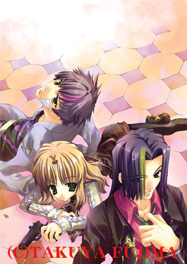 1girl, 2boys, blonde_hair, fujima_takuya, gun, kazusa_shin, long_hair, multiple_boys