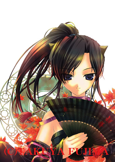1girl, animal_ears, autumn, bare_shoulders, black_hair, blue_eyes, choker, fan, folding_fan, fujima_takuya, leaf, neppu_kairiku_bushilord, neppuu_kairiku_bushiroad, neppuu_kairiku_bushiroad_the_rising, ponytail, ribbon_choker, solo