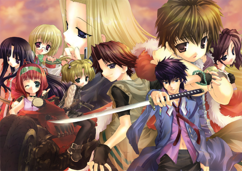 2boys, 6+girls, black_hair, blonde_hair, blue_eyes, brown_hair, fan, fujima_takuya