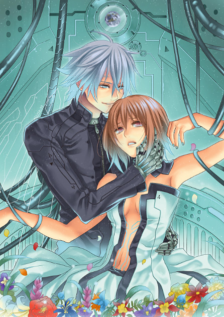 1boy, 1girl, ahoge, aqua_nails, blue_eyes, breasts, brown_hair, cable