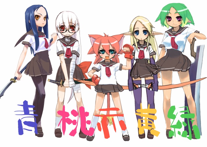 animal_ears, blue_hair, cat_ears, green_hair, original, school_uniform, serafuku, sword