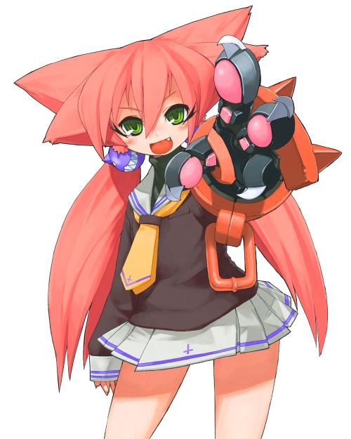 animal_ears, cat_ears, fang, green_eyes, long_hair, original, pink_hair, school_uniform