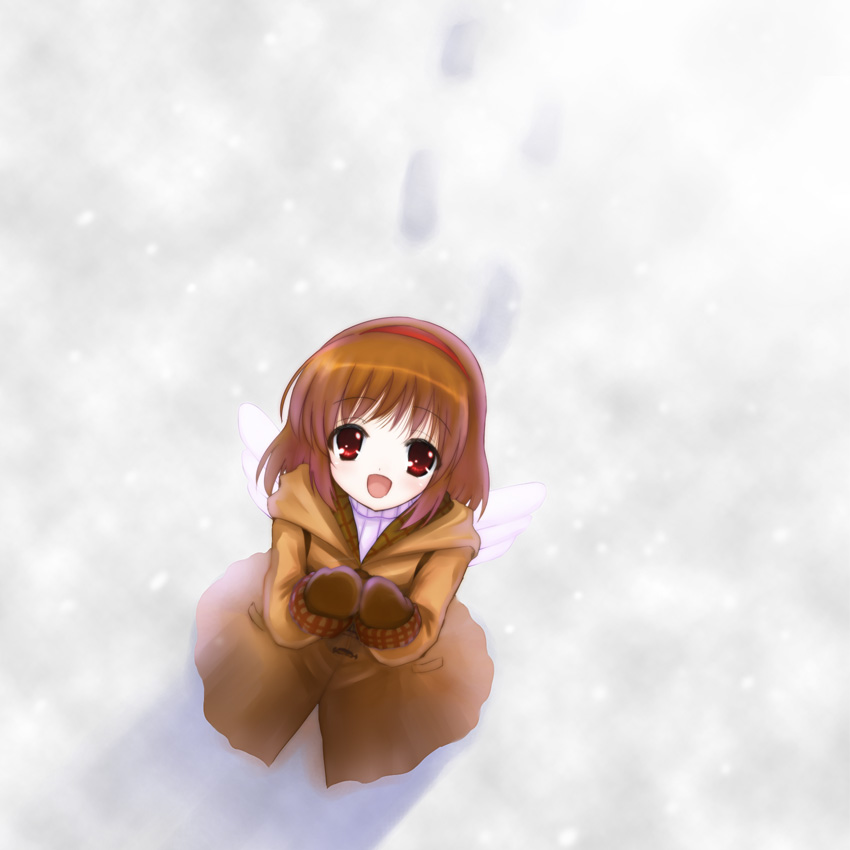 brown_hair, coat, footprints, from_above, hairband, kanon, looking_up, mittens